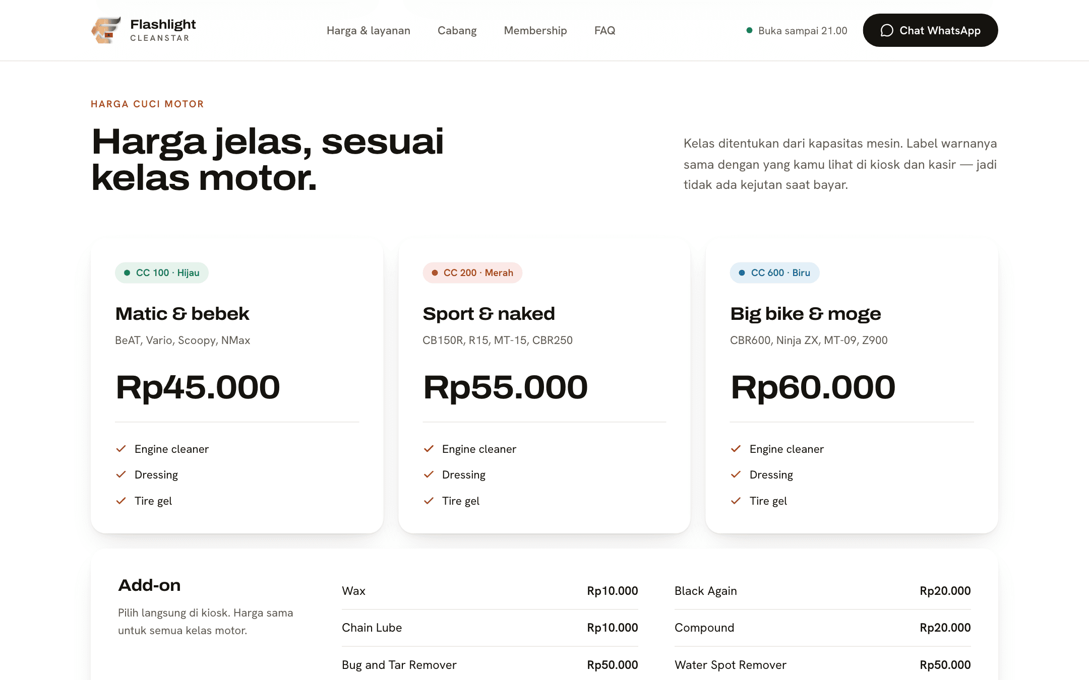 Flashlight Cleanstar — Daftar harga per kelas mesin